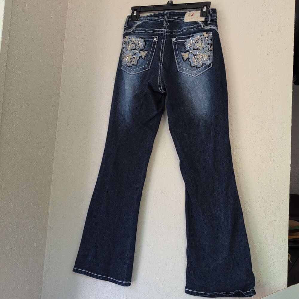 Rebel Jeans Women's 9/27 Distressed Jewel Flower Detail Wide Leg Mid Rise Dark - Picture 11 of 15